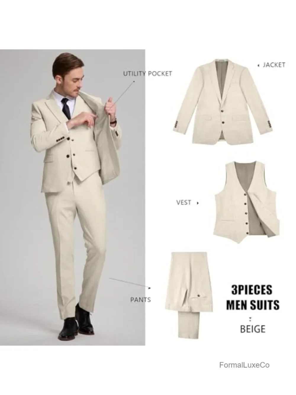 3 Piece Linen Suit for Men Slim Fit Tuxedo Blazer Vest Pants Set Wedding Prom